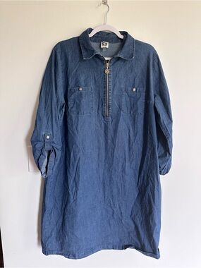 Anne Klein Denim Zip-Front Shirt Dress - Blue Casual Cotton Versatile Everyday